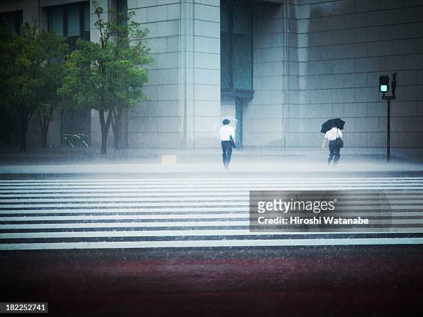 businessmen walking in heavy rain - torrential rain ストックフォトと画像