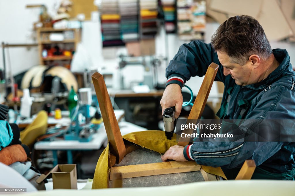 Technician works with staple gun in furniture workshop