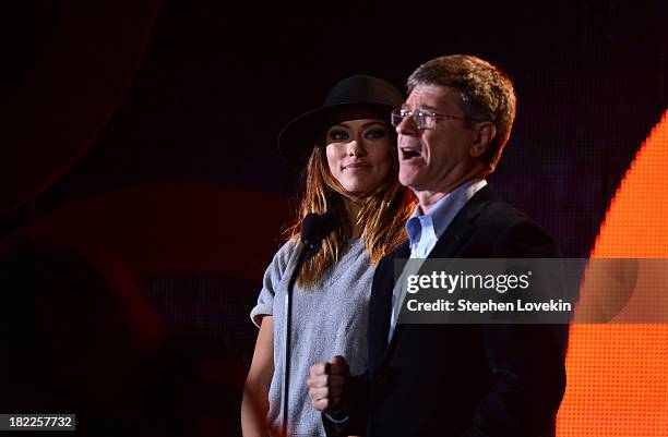 Actress Olivia Wilde and Jeffrey Sachs appear at the 2013 Global Citizen Festival in Central Park to end extreme poverty on September 28, 2013 in New...