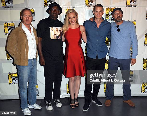 Actor Michael Keaton, actor Samuel L. Jackson, actress Abbie Cornish, actor Joel Kinnaman and director Jose Padilha attend The Sony and Screen Gems...