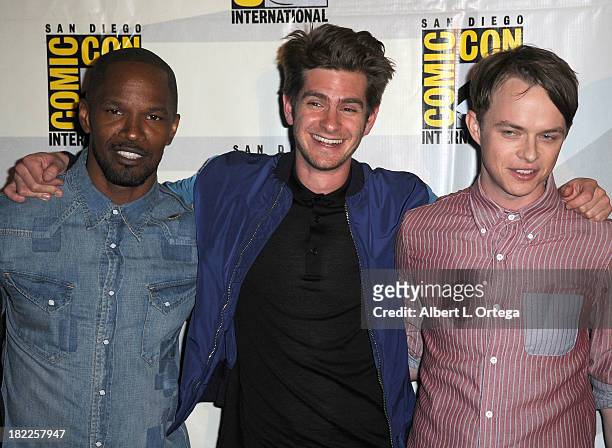 Actor Jamie Foxx, actor Andrew Garfield and actor Dane DeHaan attend The Sony and Screen Gems Panel featuring The Amazing Spider-Man 2 as part of...
