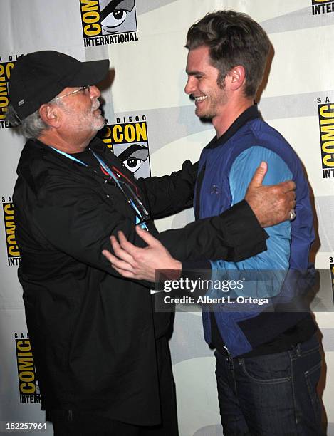 Producer Avi Arad and actor Andrew Garfield attend The Sony and Screen Gems Panel featuring The Amazing Spider-Man 2 as part of Comic-Con...