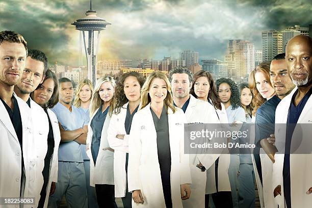 Walt Disney Television via Getty Images's "Grey's Anatomy" stars Kevin McKidd as Owen Hunt, Justin Chambers as Alex Karev, Chandra Wilson as Miranda...