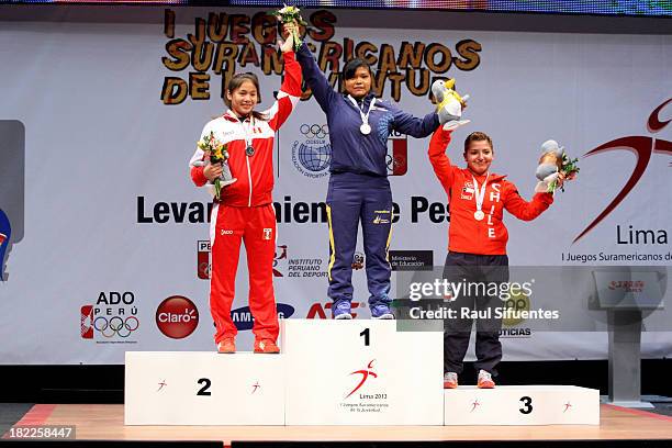 Silver medalist Yomara Cajas of Peru, gold medalist Magali Juanga of Ecuador and bronze medalist Almendra Lopez of Chile competes in women's 63 kg as...