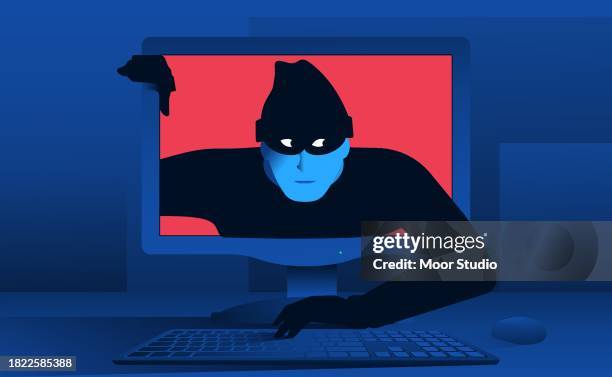 dieb, der aus computermonitor-vektorillustration aussteigt - computer crime stock-grafiken, -clipart, -cartoons und -symbole