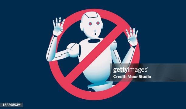robot in a prohibition sign vector illustration - rejection stock illustrations