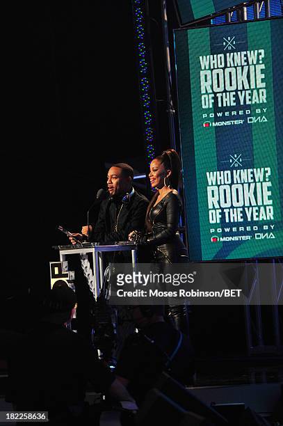 Bow Wow and Keshia Chante present the Rookie of the Year Award award onstage at the BET Hip Hop Awards 2013 at Boisfeuillet Jones Atlanta Civic...