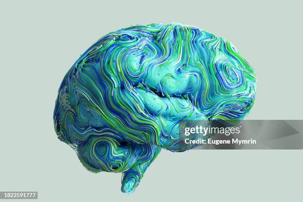 brain on the surface of which colored lines move. creative mind. mental health. - cérebro imagens e fotografias de stock