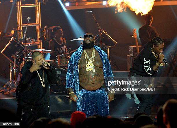 Khaled, Rick Ross and Future perform onstage at the BET Hip Hop Awards 2013 at Boisfeuillet Jones Atlanta Civic Center on September 28, 2013 in...