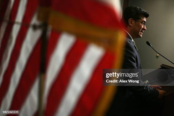 House Democratic Caucus Chairman Rep. Xavier Becerra speaks during a news briefing after a caucus meeting September 28, 2013 on Capitol Hill in...