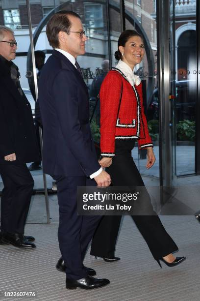 Crown Princess Victoria of Sweden and Prince Daniel Of Sweden attend the Swedish-British Summit: Outer Thinking at Nobu Hotel on November 30, 2023 in...