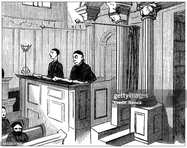 british satire caricature comic cartoon illustration - court decides on objections stock illustrations