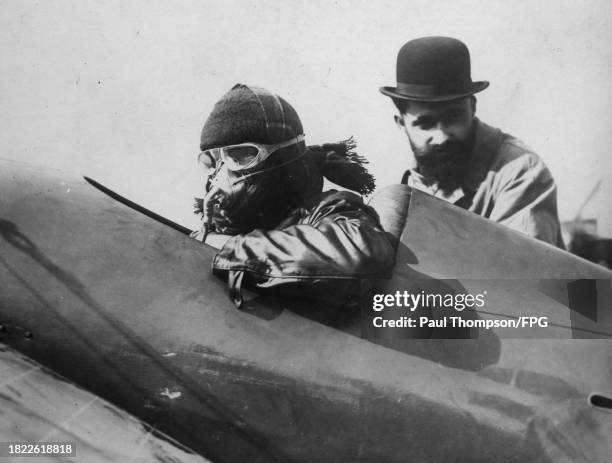 French pilot Eugène Gilbert in his Deperdussin monoplane, circa 1913.