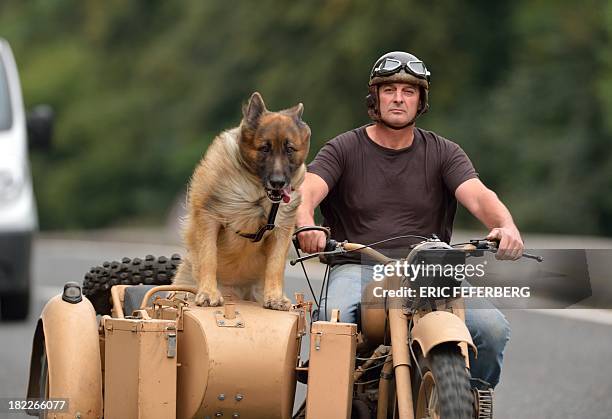 Motorcyclist rides with a dog in his sidecar on September 28, 2013 near Montceaux-les-Meaux, some 60 km east of Paris. AFP PHOTO /ERIC FEFERBERG