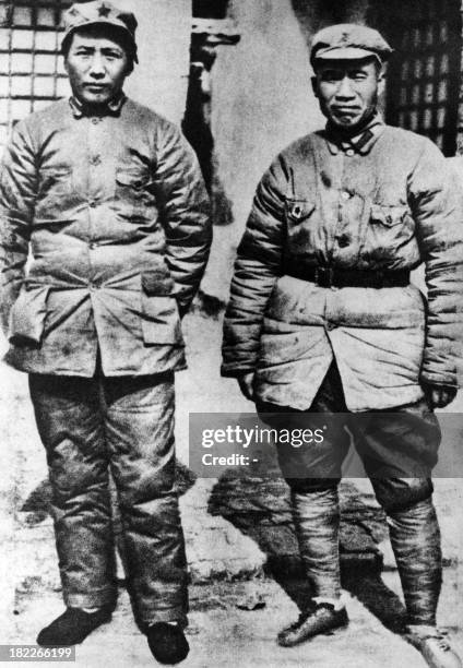 This file picture taken in October 1935 released by the Chinese official news agency shows Chairman of the Chinese Communist Party Mao Zedong and Zhu...