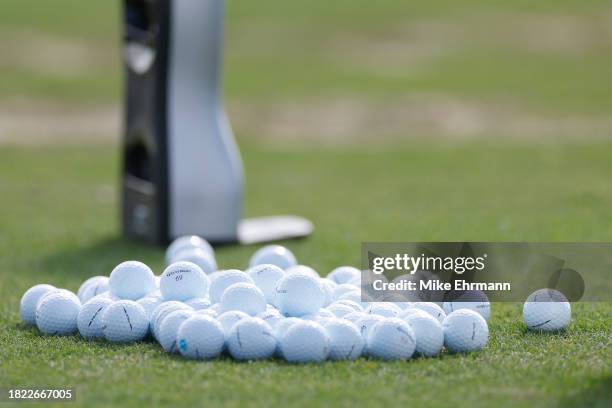 Detail of practice balls on the range during the first round of the Hero World Challenge at Albany Golf Course on November 30, 2023 in Nassau,...