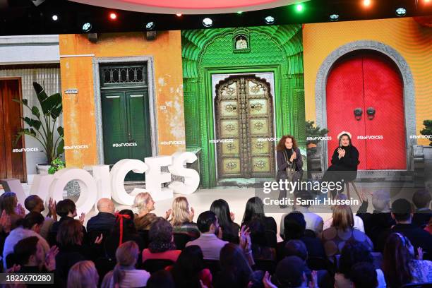 Diane von Fürstenberg and Sharmeen Obaid-Chinoy speak onstage during #BoFVOICES at Soho Farmhouse on November 30, 2023 in Chipping Norton, England.