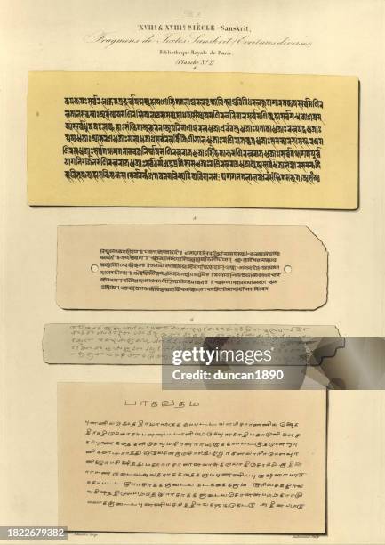 examples of sanskrit writing 17th and 18th century, history of language, universal palaeography - sanskrit language stock illustrations