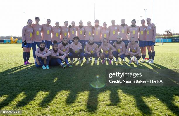 Players of England pose for a photo during a training session at St George's Park on November 30, 2023 in Burton upon Trent, England.