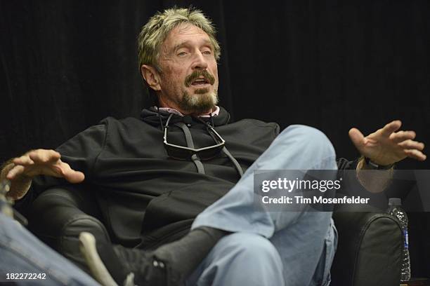 John McAfee participates in a fireside chat at the C2SV Technology Conference Day Three at McEnery Convention Center on September 28, 2013 in San...