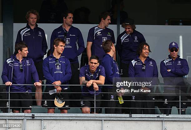 Michael Walters looks on while the team is introduced to supporters during the Fremantle Dockers Fan Day at Patersons Stadium on September 29, 2013...