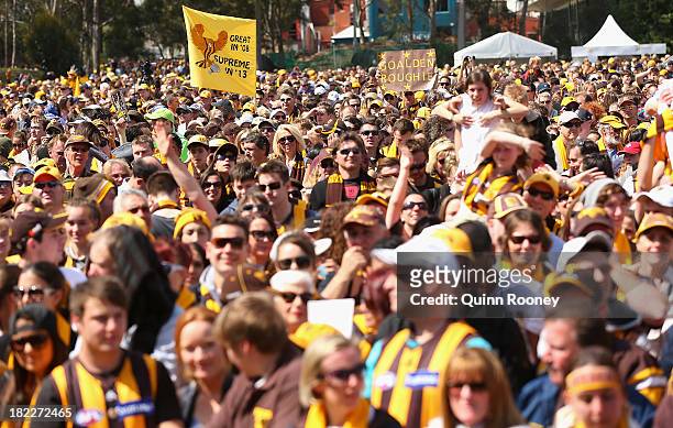Big crowd turns out at the Hawthorn Hawks Fan Day at Glenferrie Oval on September 29, 2013 in Melbourne, Australia. The Hawks beat the Fremantle...