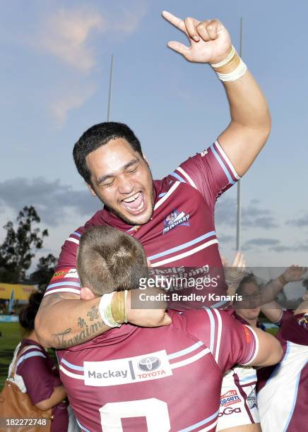 Bureta Faraimo of the Cutters celebrates victory after the 2013 QLD Cup Grand Final match between the Easts Tigers and Mackay Cutters at the North...