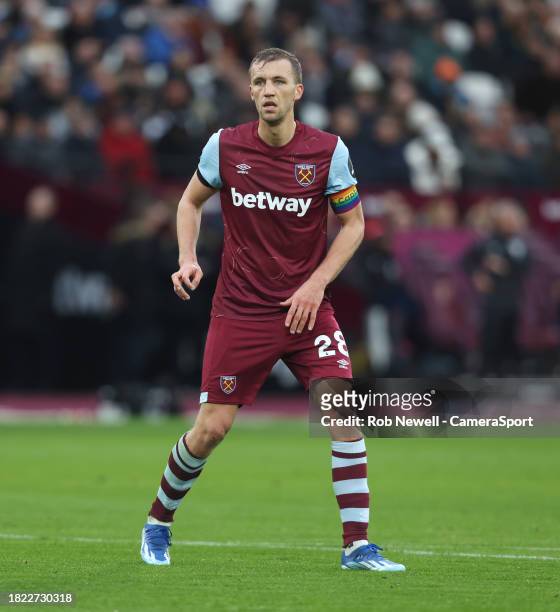 West Ham United's Tomas Soucek during the Premier League match between West Ham United and Crystal Palace at London Stadium on December 3, 2023 in...