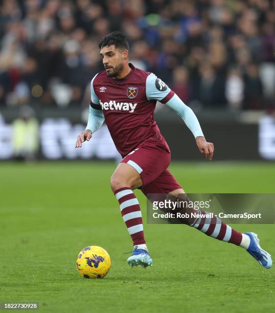 West Ham United's Emerson Palmieri during the Premier League match between West Ham United and Crystal Palace at London Stadium on December 3, 2023...