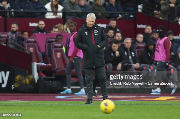 West Ham United manager David Moyes during the Premier League match between West Ham United and Crystal Palace at London Stadium on December 3, 2023...