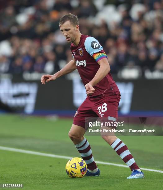 West Ham United's Tomas Soucek during the Premier League match between West Ham United and Crystal Palace at London Stadium on December 3, 2023 in...
