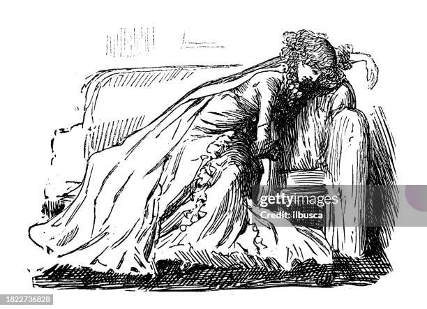 britische satire karikatur comic cartoon illustration - tired woman stock-grafiken, -clipart, -cartoons und -symbole