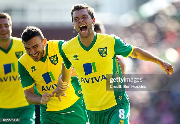 Jonny Howson of Norwich celebrates after scoring the opening goal of the game during the Barclays Premier League match between Stoke City and Norwich...