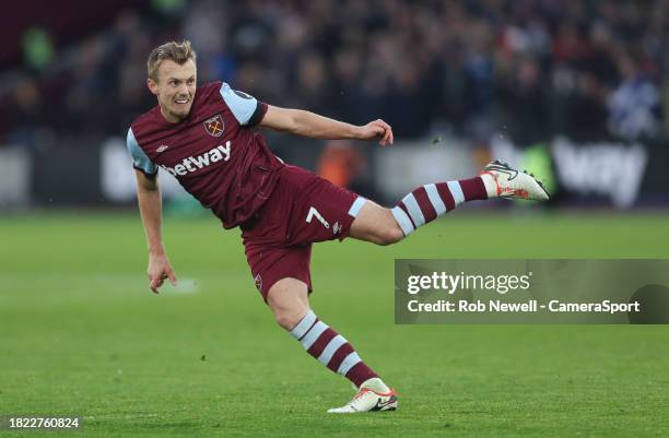 West Ham United's James Ward-Prowse takes direct free-kick during the Premier League match between West Ham United and Crystal Palace at London...