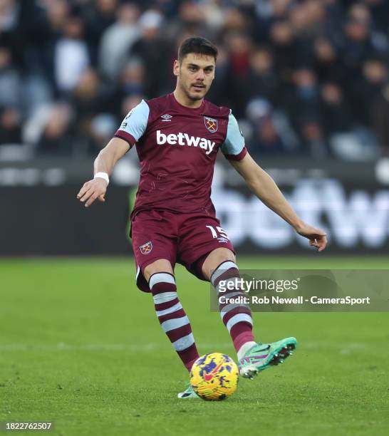 West Ham United's Konstantinos Mavropanos during the Premier League match between West Ham United and Crystal Palace at London Stadium on December 3,...