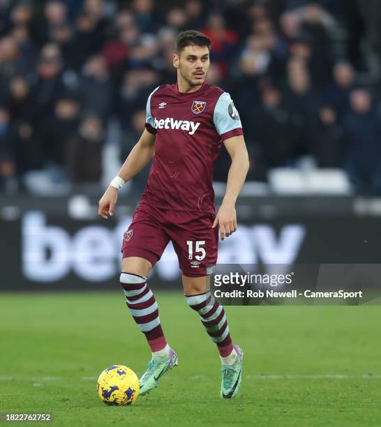 West Ham United's Konstantinos Mavropanos during the Premier League match between West Ham United and Crystal Palace at London Stadium on December 3,...