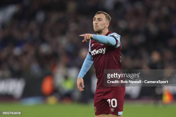 West Ham United's Jarrod Bowen during the Premier League match between West Ham United and Crystal Palace at London Stadium on December 3, 2023 in...