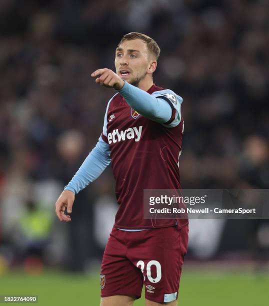 West Ham United's Jarrod Bowen during the Premier League match between West Ham United and Crystal Palace at London Stadium on December 3, 2023 in...