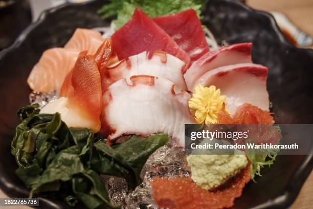 sashimi with various raw fresh slice of fish. - saba sushi stockfoto's en -beelden