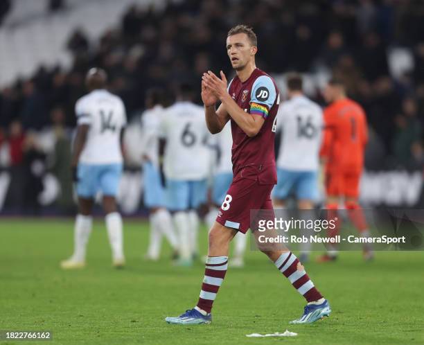 West Ham United's Tomas Soucek applauds the fans at the final whistle during the Premier League match between West Ham United and Crystal Palace at...