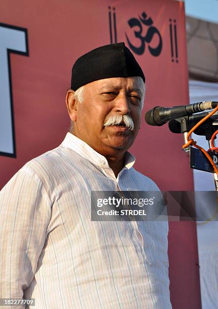 Mohan Bhagwat, chief of the Indian Rashtriya Swayamsevak Sangh speaks during a party rally in Jammu on September 29, 2013. The Rashtriya Swayamsevak...