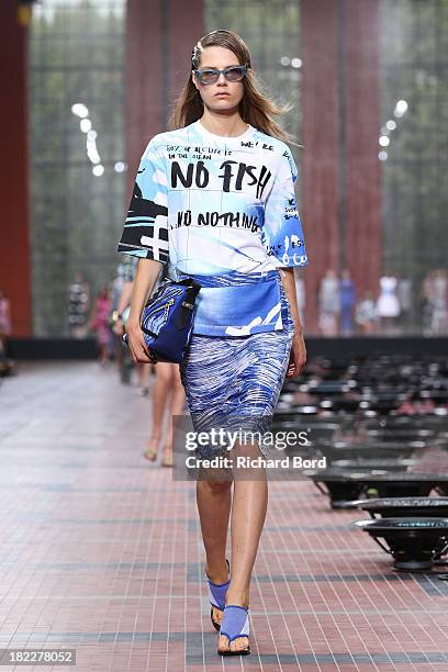 Model walks the runway during the Kenzo show at 'Cite du Cinema' of Saint-Denis as part of the Paris Fashion Week Womenswear Spring/Summer 2014 on...