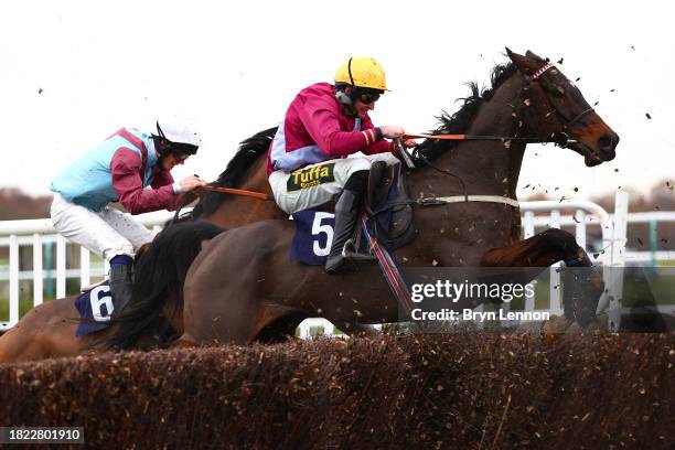 Marc Goldstein riding Uallrightharry jumps the final fence during the Download The Racing App Now Handicap Steeple Chase at Lingfield Park on...