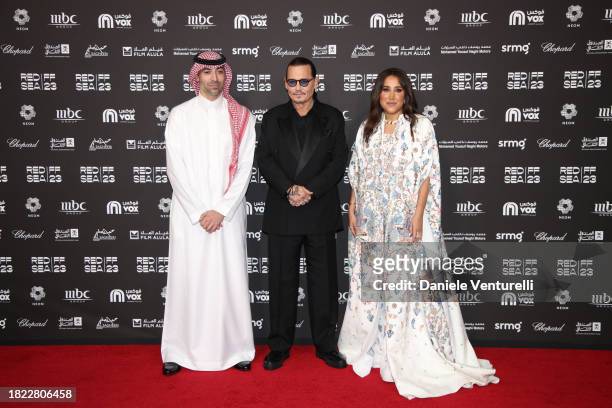 Ceo of the Red Sea International Film Festival Mohammed Al Turki, Johnny Depp and Chairwoman of the Red Sea International Film Festival Jomana...