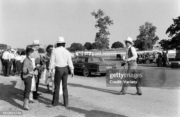 Judy Keel, Howard Keel, guest, Patrick Duffy , and Steve Kanaly attend an event, benefitting the American Cancer Society, at the Circle T Ranch in...