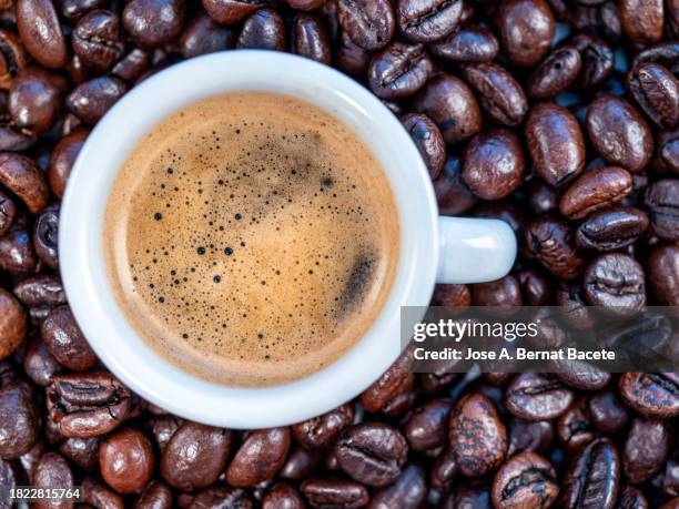 cup of freshly brewed espresso with roasted robusta coffee beans. - café macchiato stockfoto's en -beelden