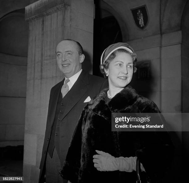 Chancellor of the Exchequer Peter Thorneycroft with his wife, interior designer Carla Thorneycroft at Church House, Westminster, during the Bank Rate...
