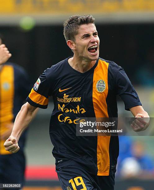 Jorge Luiz Filho Frello Jorginho of Hellas Verona FC celebrates his goal during the Serie A match between Hellas Verona FC and AS Livorno Calcio at...