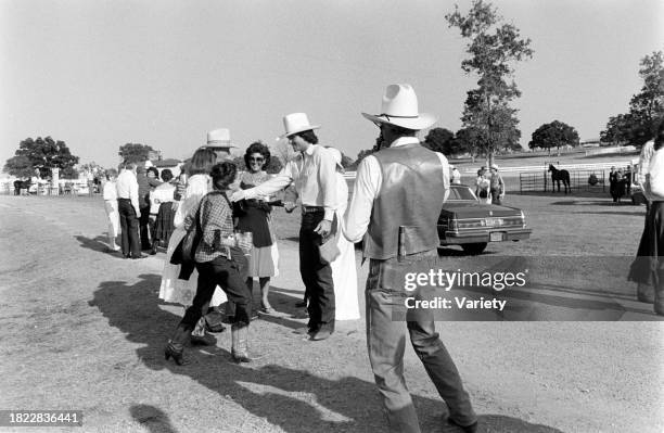 Guests including Judy Keel, Patrick Duffy, and Steve Kanaly attend an event, benefitting the American Cancer Society, at the Circle T Ranch in...