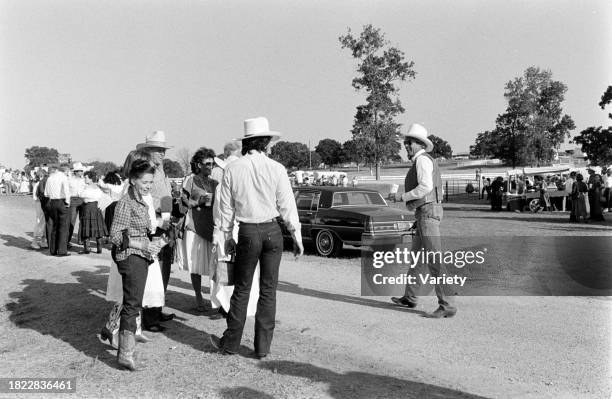 Judy Keel, Howard Keel, guest, Patrick Duffy , and Steve Kanaly attend an event, benefitting the American Cancer Society, at the Circle T Ranch in...